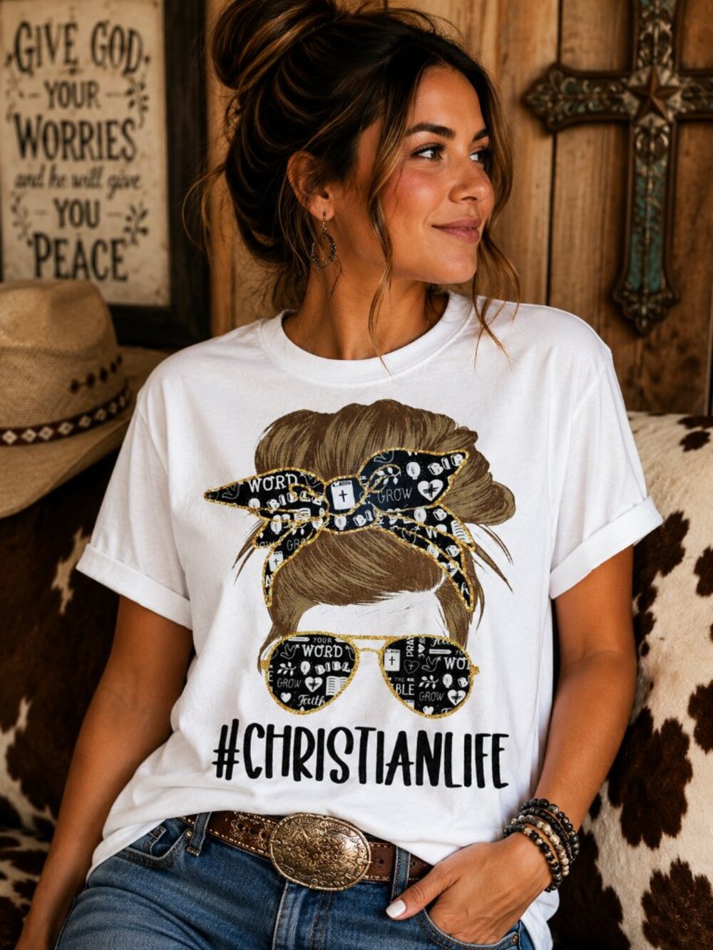 Christian Life Messy Bun Graphic T Shirt Trendy Boutique Style Tee Women White